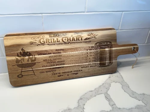 The BBQ Grill Chart engraved Acacia Wood Cutting Board displays cheeky drink pairings for meat doneness, suggesting beer for each—from rare beef to well-done chicken. If youre unsure, a joke at the bottom recommends ordering pizza instead!.